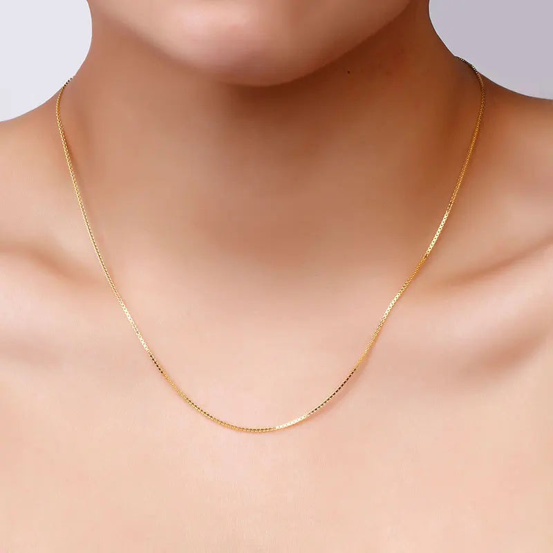 HOYON Pure 14k Gold Plated Necklace Women's Neck Collar Real Gold Box/ O Cross/ Snake Bone/Water Wave/Clavicle Chain Jewelry