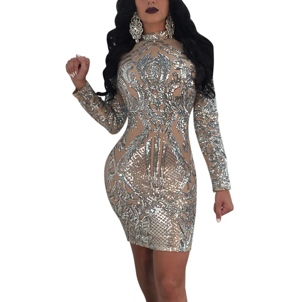 2021 Sexy Sequined Dress Cotton Print Stand Neck Slim Long Sleeve Above Knee Mini Pencil Dress Women's Sexy Nightclub Style