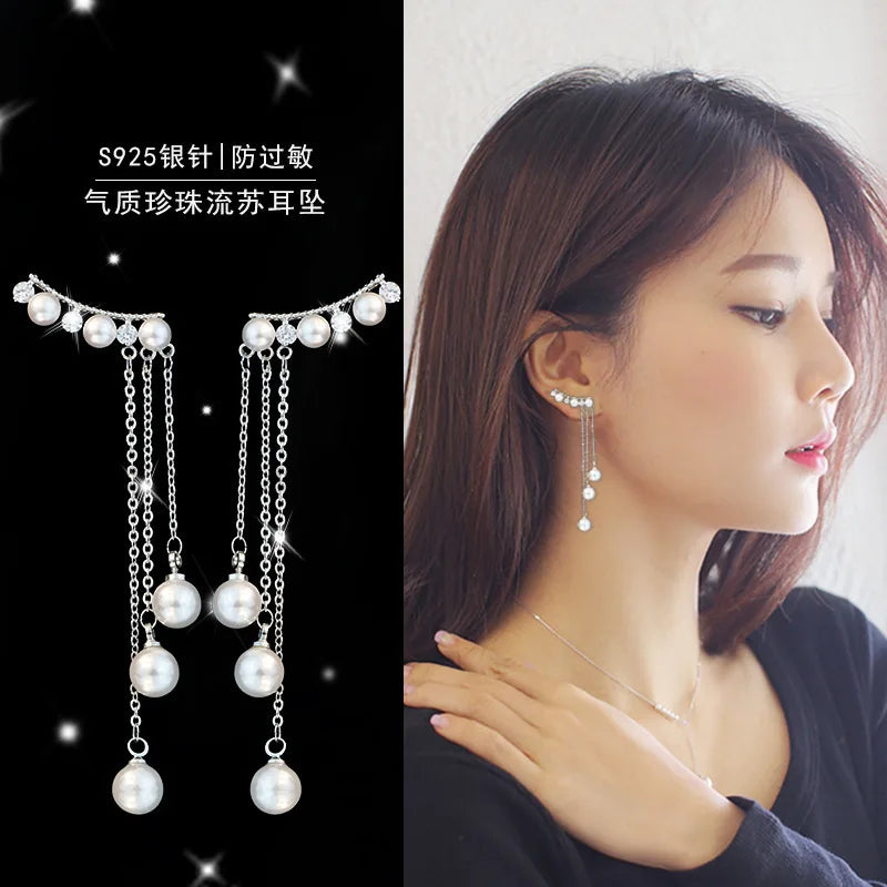 New Design Wedding Jewelry Luxury Clear Zircon Earrings Elegant 925 Sterling Silver Long Shell pearl Stud Earrings For Women