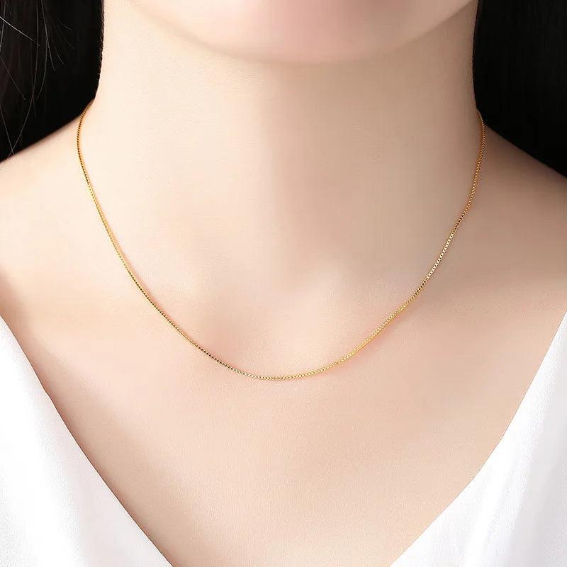 HOYON Pure 14k Gold Plated Necklace Women's Neck Collar Real Gold Box/ O Cross/ Snake Bone/Water Wave/Clavicle Chain Jewelry