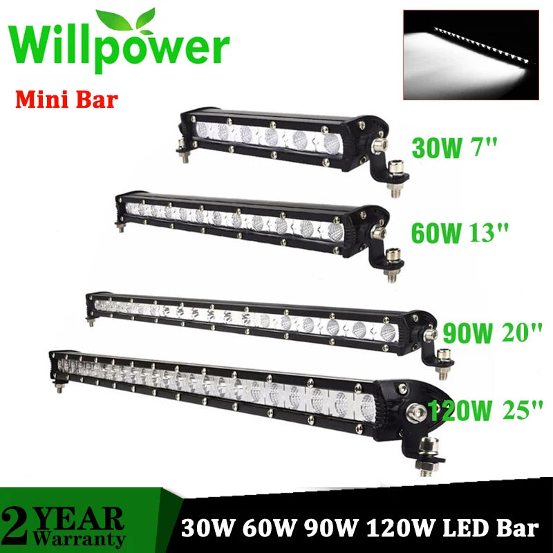 Willpower Slim 30W 60W 90W 120W Offroad Led Light Bar Spot Flood 7" 13" 20" 25" Work Lights for Truck Tractor ATV SUV 4X4 4WD