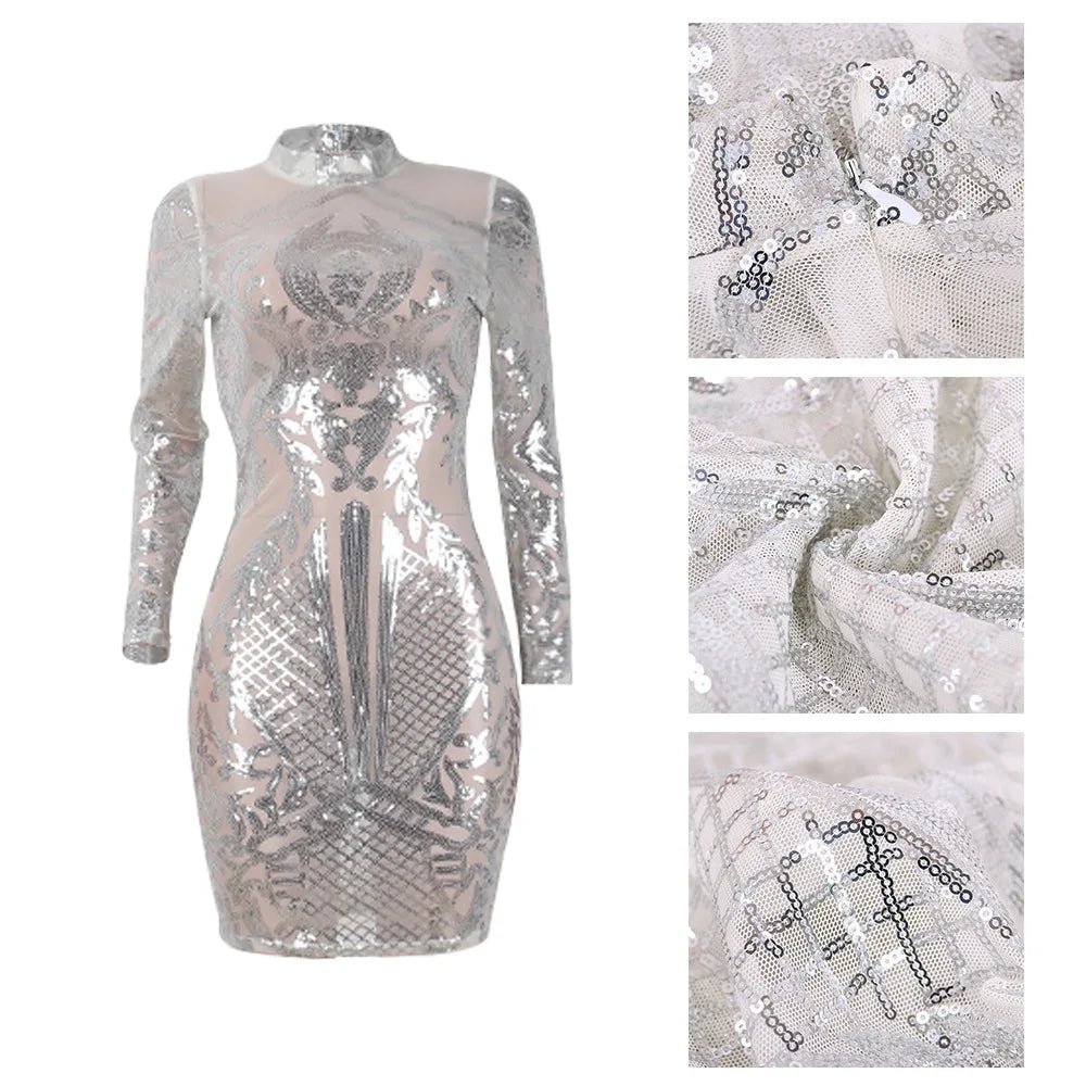 2021 Sexy Sequined Dress Cotton Print Stand Neck Slim Long Sleeve Above Knee Mini Pencil Dress Women's Sexy Nightclub Style