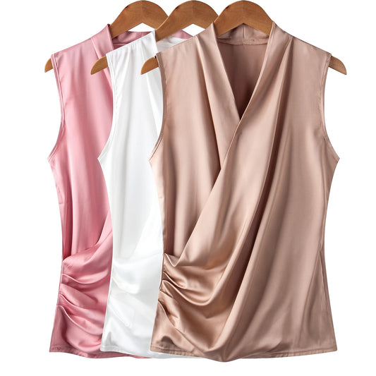 Summer plus Size Women's Sleeveless V Neck Blouse Elegant Sexy Silk T-Shirt Brand Clothes 2025 S-3XL Ladies Tops KE3990