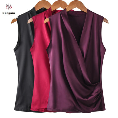 Summer plus Size Women's Sleeveless V Neck Blouse Elegant Sexy Silk T-Shirt Brand Clothes 2025 S-3XL Ladies Tops KE3990