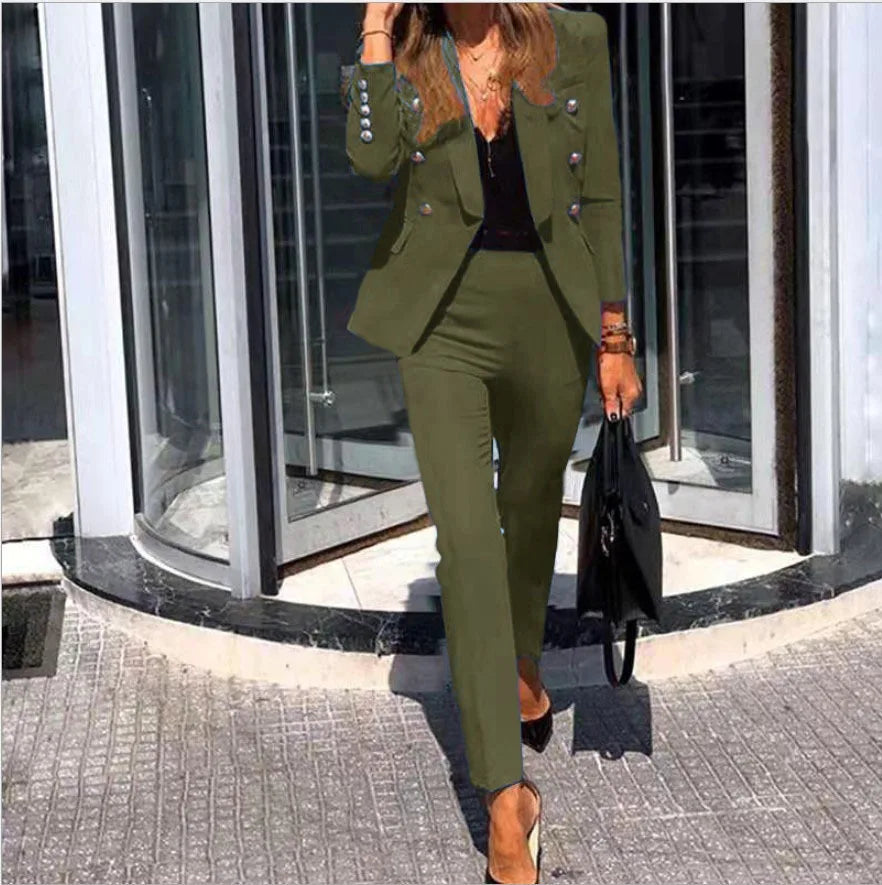 Women Jacket Blazer Suit Fashion Casual Ladies Solid Color Two Piece 2021 Autumn Winter Office Wear Elegant Suit Jacket Pants