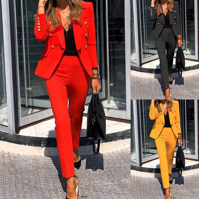 Women Jacket Blazer Suit Fashion Casual Ladies Solid Color Two Piece 2021 Autumn Winter Office Wear Elegant Suit Jacket Pants