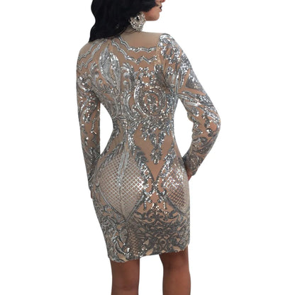 2021 Sexy Sequined Dress Cotton Print Stand Neck Slim Long Sleeve Above Knee Mini Pencil Dress Women's Sexy Nightclub Style