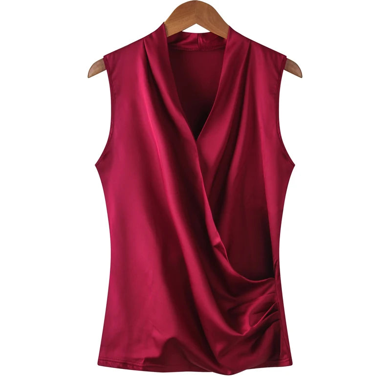 Summer plus Size Women's Sleeveless V Neck Blouse Elegant Sexy Silk T-Shirt Brand Clothes 2025 S-3XL Ladies Tops KE3990