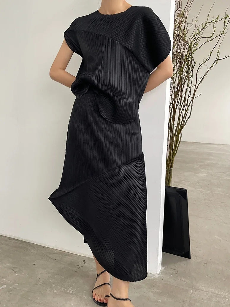 YUDX Miyake Pleats Designer Irregular Two Piece Sets Pleated Skirts Short Sleeved Top Women 2024 Summer New Fashion Causal Suits