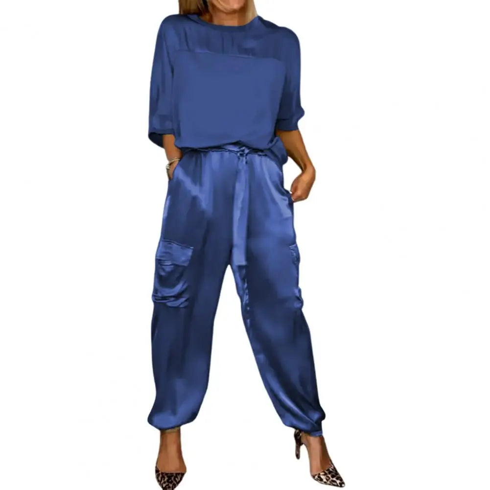 Spring Summer Fall Two-piece Suit Elegant Satin Women's Top Pants Set with Lace-up Waist Pockets Three Quarter Sleeves O for Any