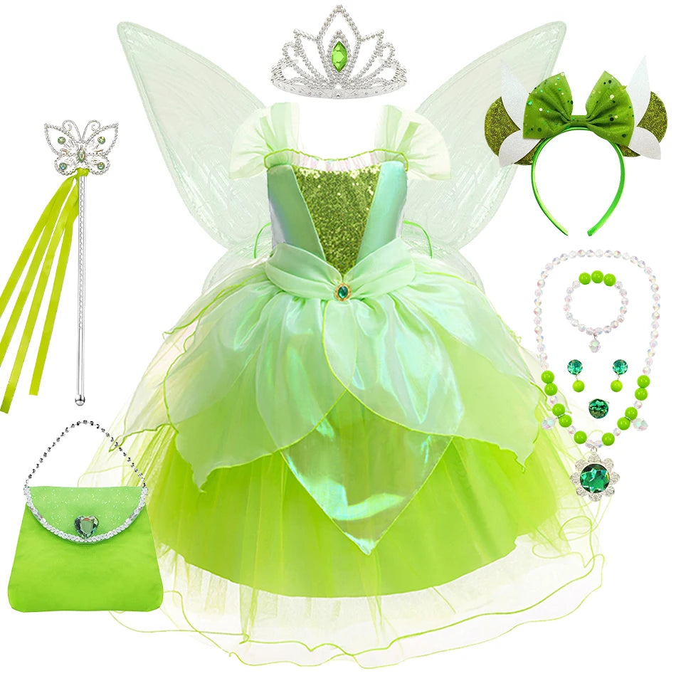 Tinker Bell Girls Fairy Princess Dress Kid Cosplay Elf Costume Tinkerbell Halloween Carnival Party Clothes Fantasy Green Vestido