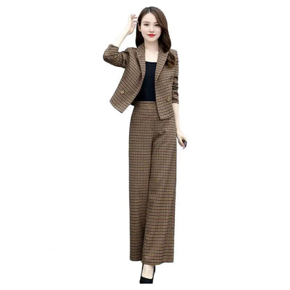 Female Formal Plaid Blazer 2 Pieces Sets Korean Office Long Sleeve Short Suit Tops High Waist Wide Leg Pants Lady OL Outfit