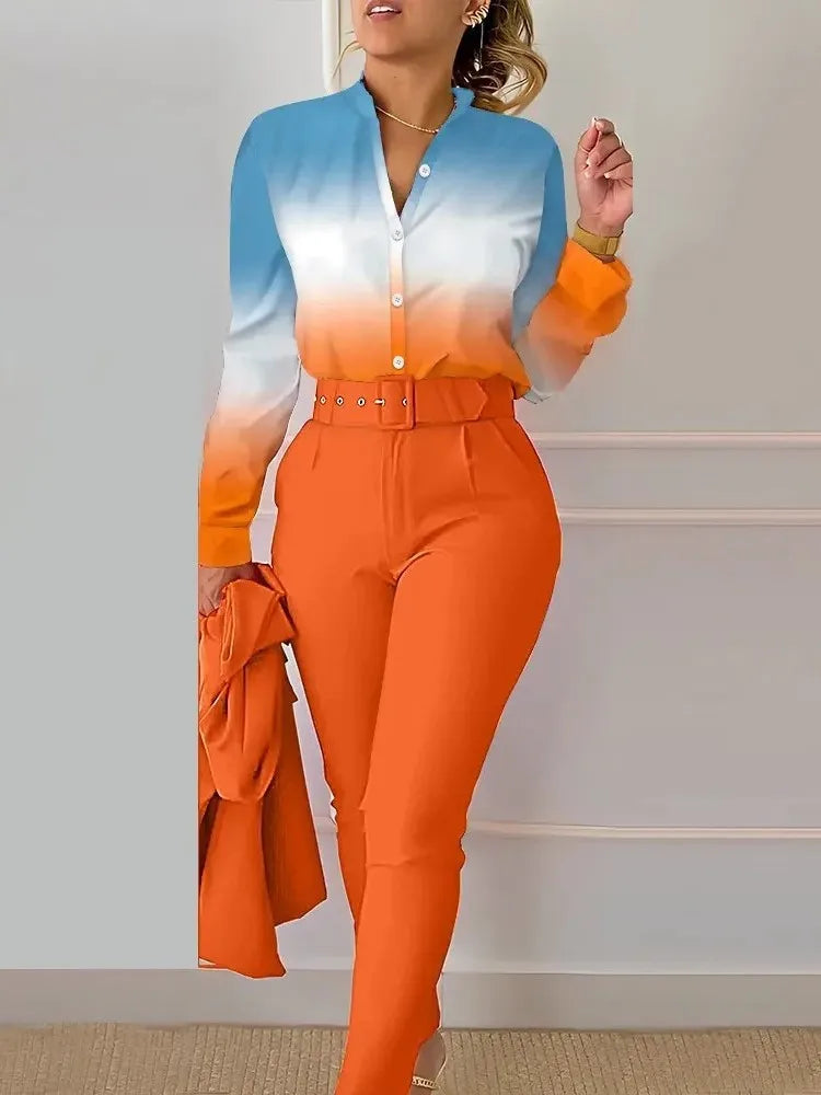 Women's Shirt 2 Pieces Suit Set 2024 Fall Print V Neck Long Sleeve Top Casual High Waist Pockets Work Female Clothes Pants Set