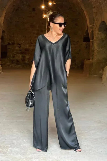 2025 Spring Satin Oversize Women Suit Black V-neck Tops Long Pants Loose Suits Female Spring New Casual Trendy Ladies Clothes