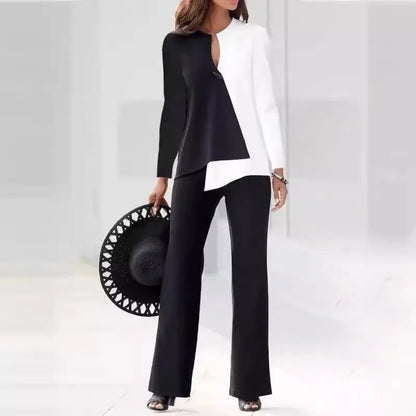 2 Pieces Suit Women's Casual Colorblock Long Sleeve Top and Wide Leg Pants Set Spring Fashion V Neck 3D Print Women's Clothing