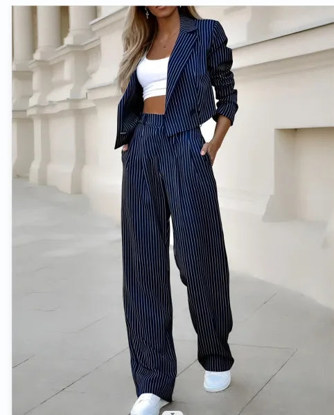 Two Piece Set Women's Suits Casual Srtiped Short Lapel Blazer  Coats Suit Straight Leg Pants Suit 2 Pice Set Streetwear Autumn