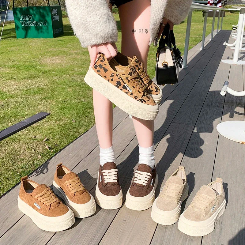 Soft Suede Leather Casual Shoes Women Sneakers Clogs Platform  All-Match Spring Round Toe Cross-tied Frosted Flats Shoes Women