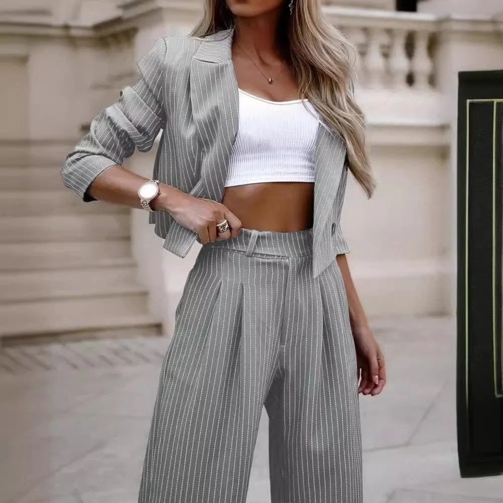 Two Piece Set Women's Suits Casual Srtiped Short Lapel Blazer  Coats Suit Straight Leg Pants Suit 2 Pice Set Streetwear Autumn