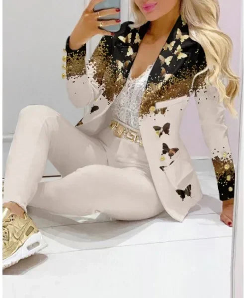 2025 Women Formal Jacket & Trousers Office Lady Outfits Autumn Women Two Pieces Set Print Blazer Coat & Pants Suit Sets Female