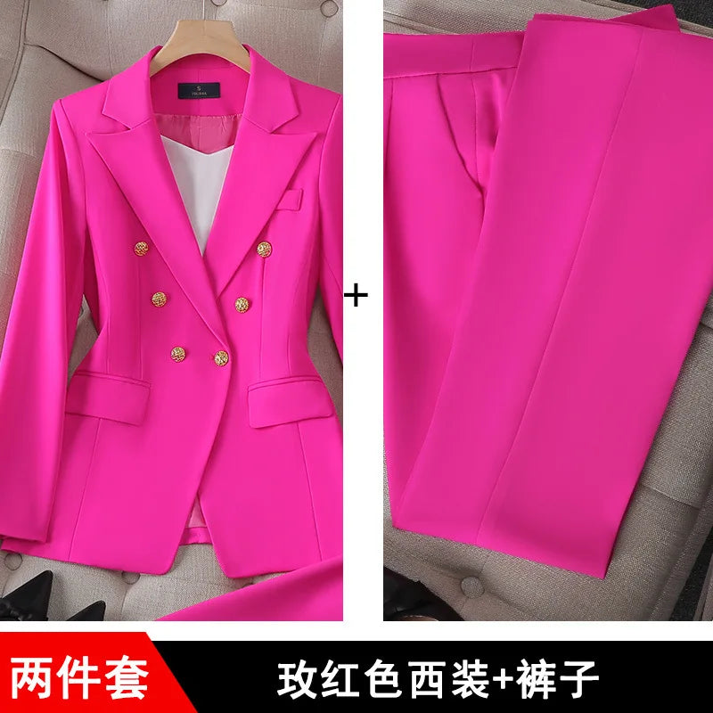 Fashion Office Ladies Formal Pant Suit Set Women Blue Pink Yellow Female Business Work Wear 2 Piece Blazer Jacket And Trouser