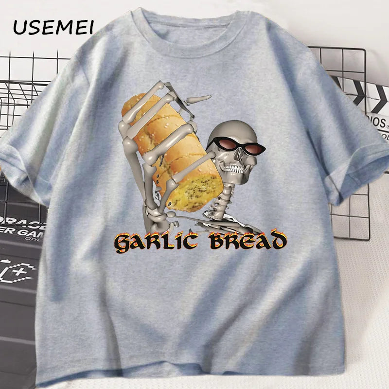 Evil Silly Skeleton T-Shirts Garlic Bread Skeleton Dank Meme T Shirt Funny Unhinged Printed Tshirt Men Women Causal Cotton Tee