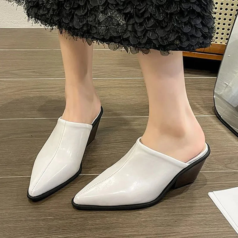 Retro Shoes Women Mules Pointed-toe Block Heel Fashion Slippers Casual Thin Shoes Patent Leather Heels Classy Party Prom Shoes