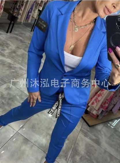 Autumn And Winter Women Casual Solid Color Slim Fit Blazer Two-piece Fashion Button Cardigan Jacket + Pencil Pants 2-piece Suit