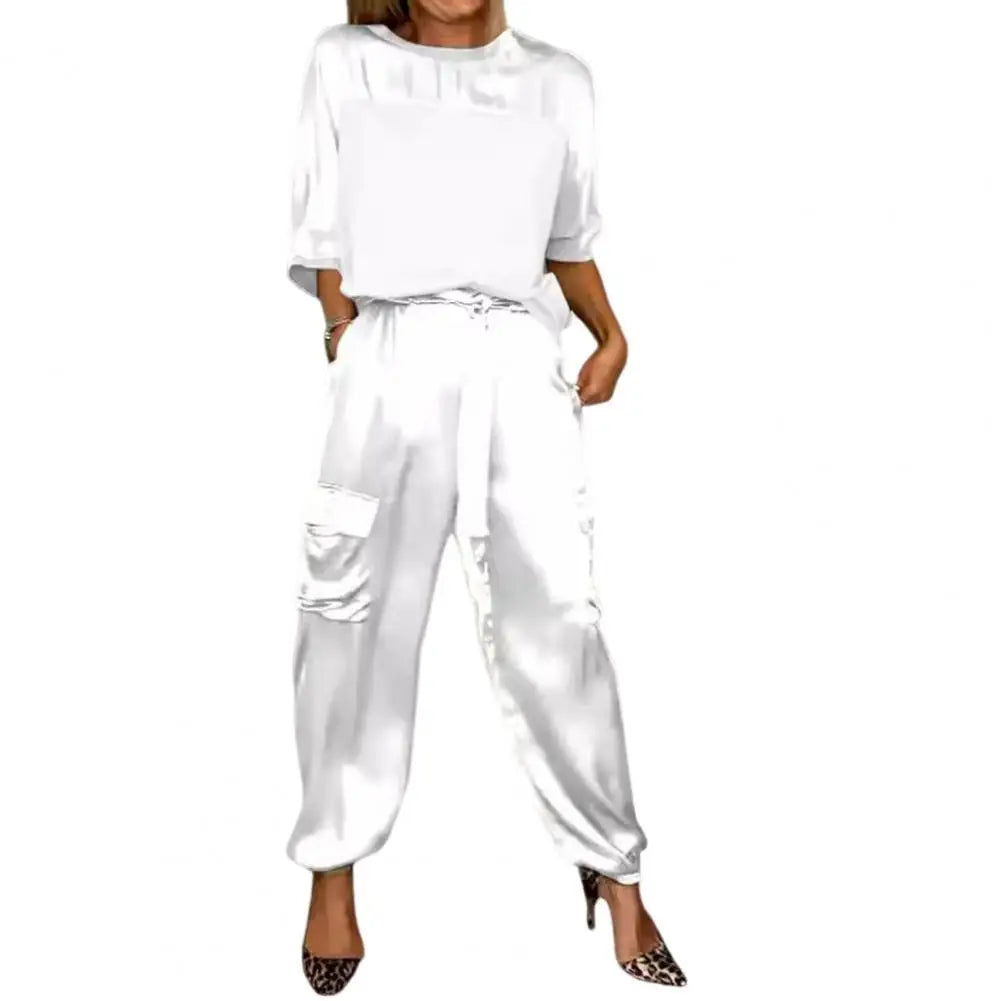 Spring Summer Fall Two-piece Suit Elegant Satin Women's Top Pants Set with Lace-up Waist Pockets Three Quarter Sleeves O for Any