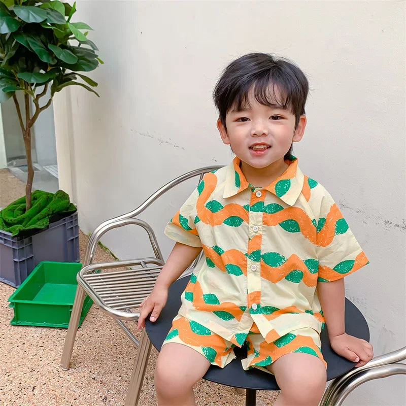 Summer Kids Clothes Boys Holiday Set Wave Design Korean Cotton Shorts and Short-sleeved Shirt Beachwear 2pcs Set Outfits 1-6Y