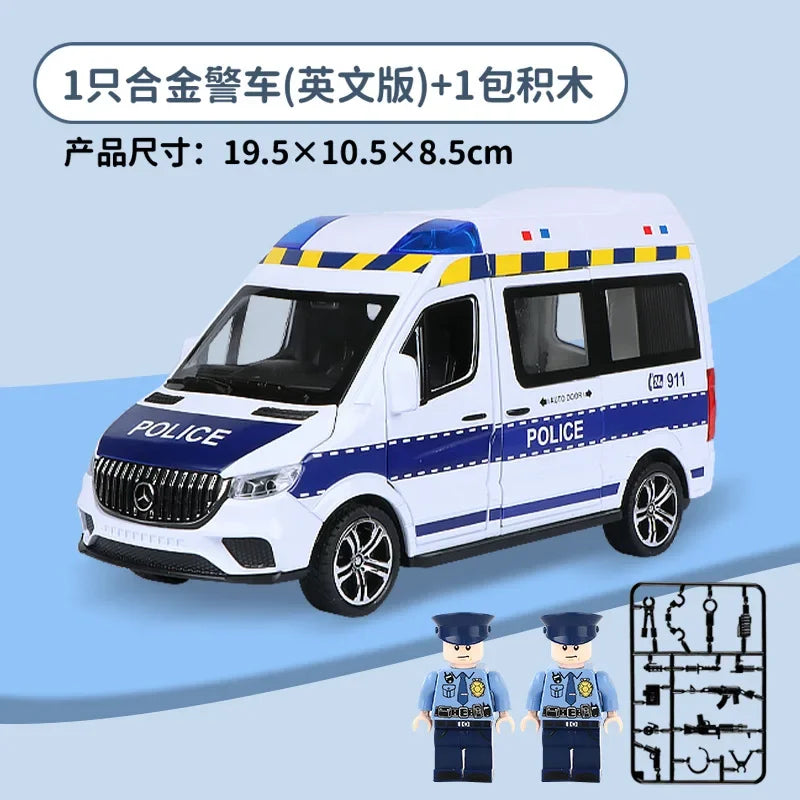 1:24 Benz Hospital Rescue Ambulance Metal Car Model Pull Back Sound and Light Alloy Car Toys for Children Boys Gifts A408