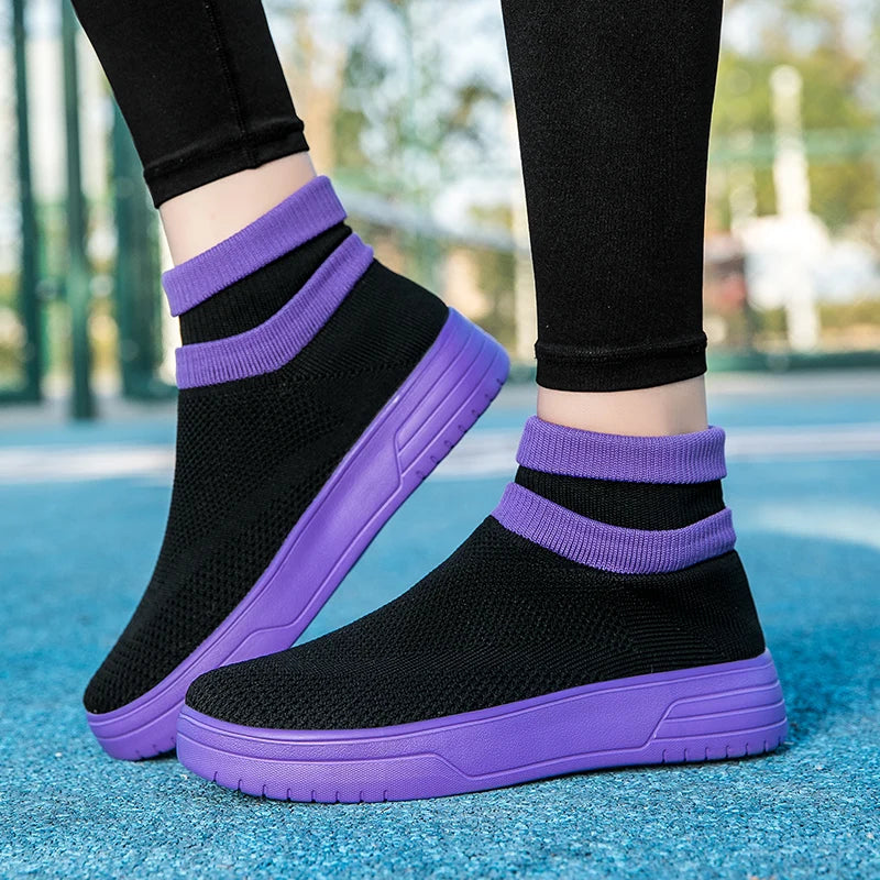 Hot Sale Purple Men's High-Top Socks Shoes Mesh Breathable Couple Casual Shoes Light Platform Socks Sneakers Man Plus Size 45 46