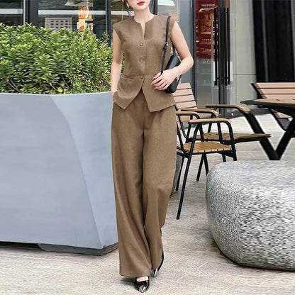 ZANZEA Women 2pcs Matching Sets Fashion Sleeveless Waistcoat Suits Office Lady Wide Leg Pants Casual Loose Solid Retro Outfits