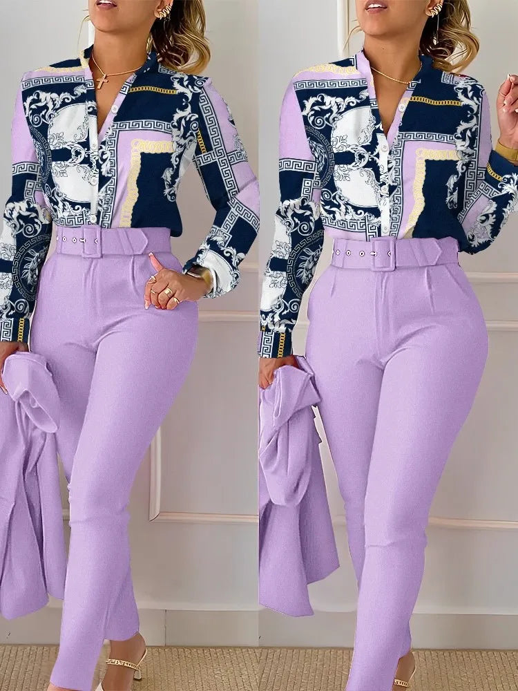 Women's Shirt 2 Pieces Suit Set 2024 Fall Print V Neck Long Sleeve Top Casual High Waist Pockets Work Female Clothes Pants Set