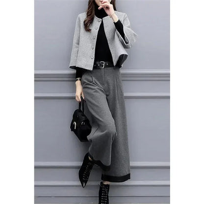 Winter Thick Pants Set Women Fashion Luxury Commuter Short Round Neck Tweed Jacket Loose Wide-legged Trousers 2pcs Matching Set