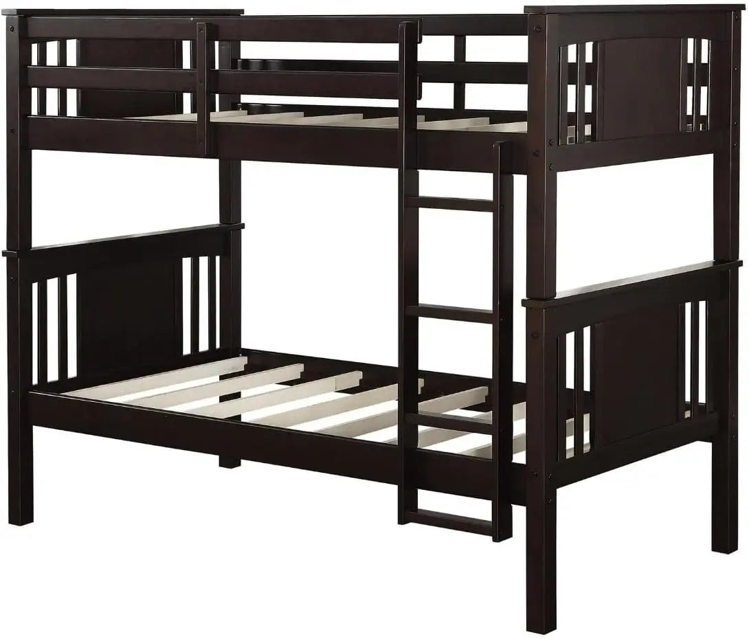 Stackable and Detachable Bed Frames for Kids and Teens, with Ladder, High Guardrail, Wood Slats, No Boxspring Required