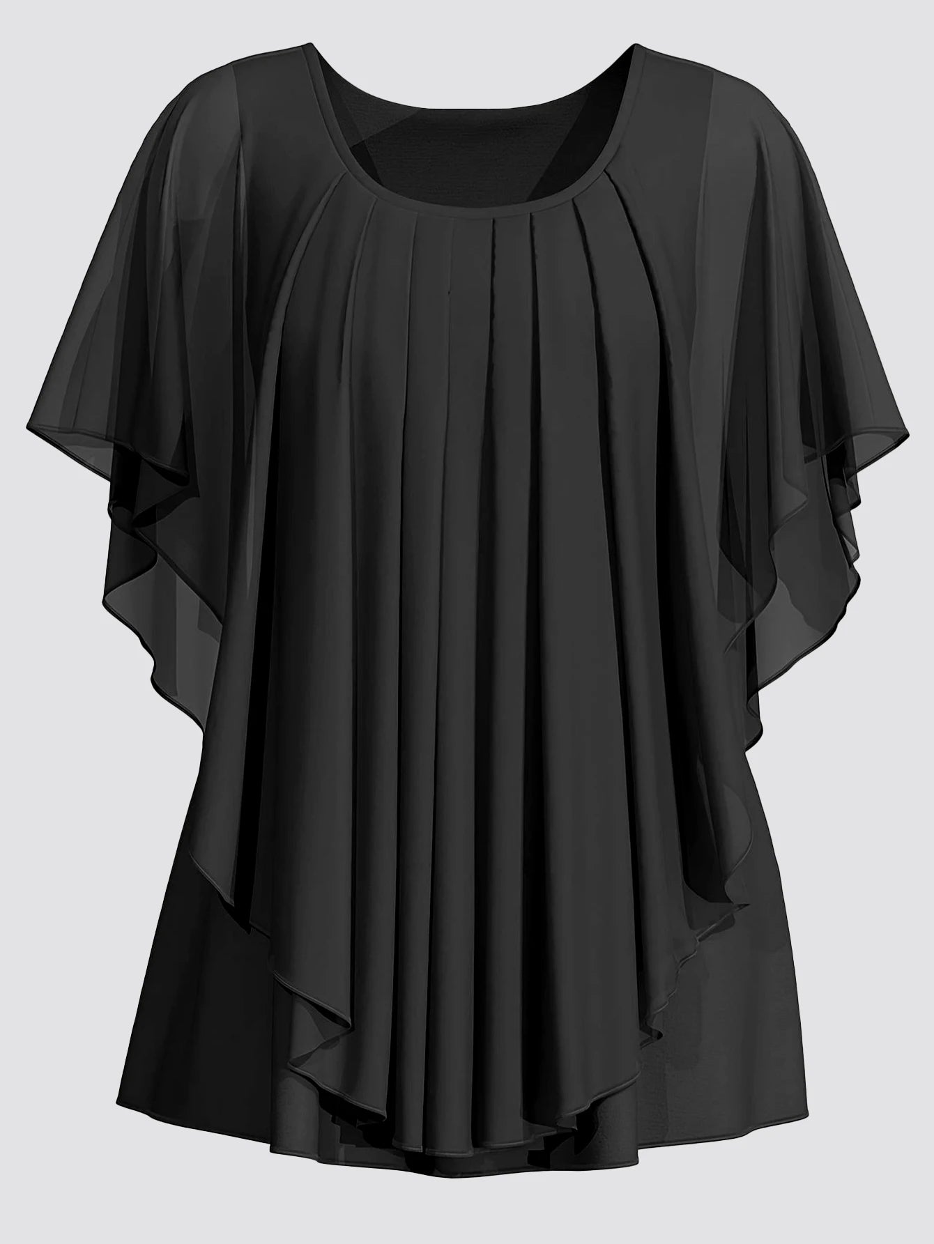 Women's Plus Size Chiffon T shirt Short Sleeve Ruched Round Neck Double Layer Flutter Sleeve Pleated Asymmetric Hem Tee Tops