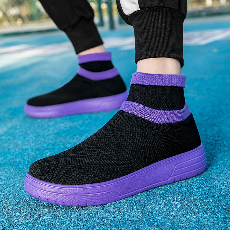 Hot Sale Purple Men's High-Top Socks Shoes Mesh Breathable Couple Casual Shoes Light Platform Socks Sneakers Man Plus Size 45 46