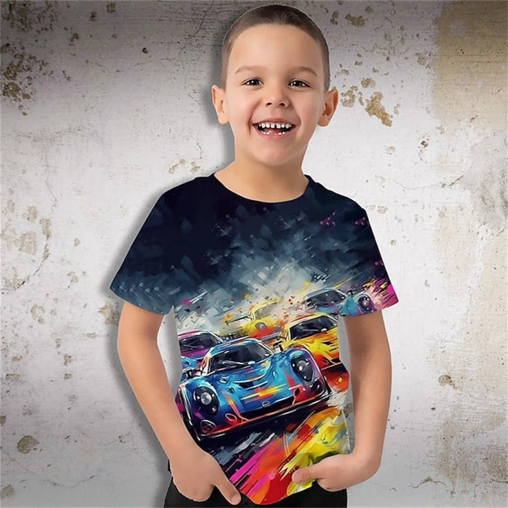 Kids Clothes Boys Purple Cool Racing Car Tee Shirts Graphics Tshirt Summer Children 's T-Shirt Clothing Teens Tops Korean Black