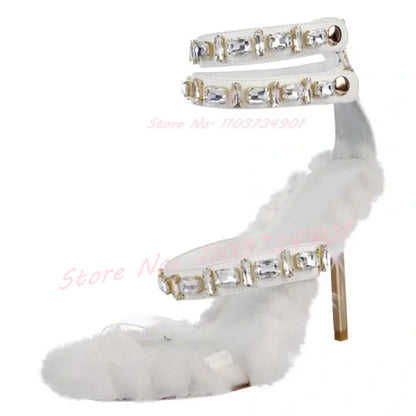 Pink Furry Sweet Crystal Metal Heel Sandals Women Classy Ankle Strap Round Toe High Heels Shoes Lady Sexy Elegant Fashion Shoes