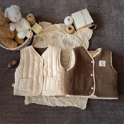 2-6Y Kids Vest Retro Warm Versatile for Boys Girls Baby Fleece Cotton Double-sided Vests Children's Autumn and Winter Waiscoat