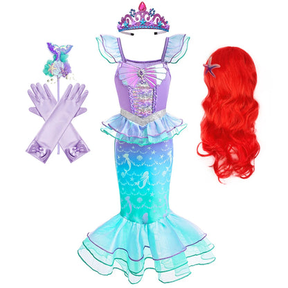 Mermaid Ariel Cosplay Princess Costume Kids Cartoon Printed Dress Girls Halloween Children Carnival Birthday Party Clothes