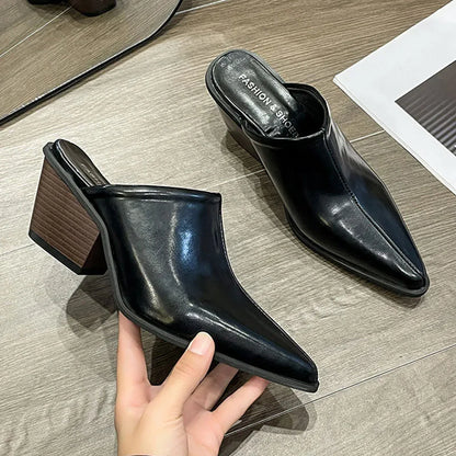 Retro Shoes Women Mules Pointed-toe Block Heel Fashion Slippers Casual Thin Shoes Patent Leather Heels Classy Party Prom Shoes