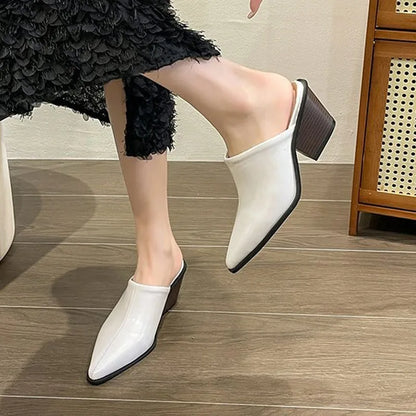 Retro Shoes Women Mules Pointed-toe Block Heel Fashion Slippers Casual Thin Shoes Patent Leather Heels Classy Party Prom Shoes