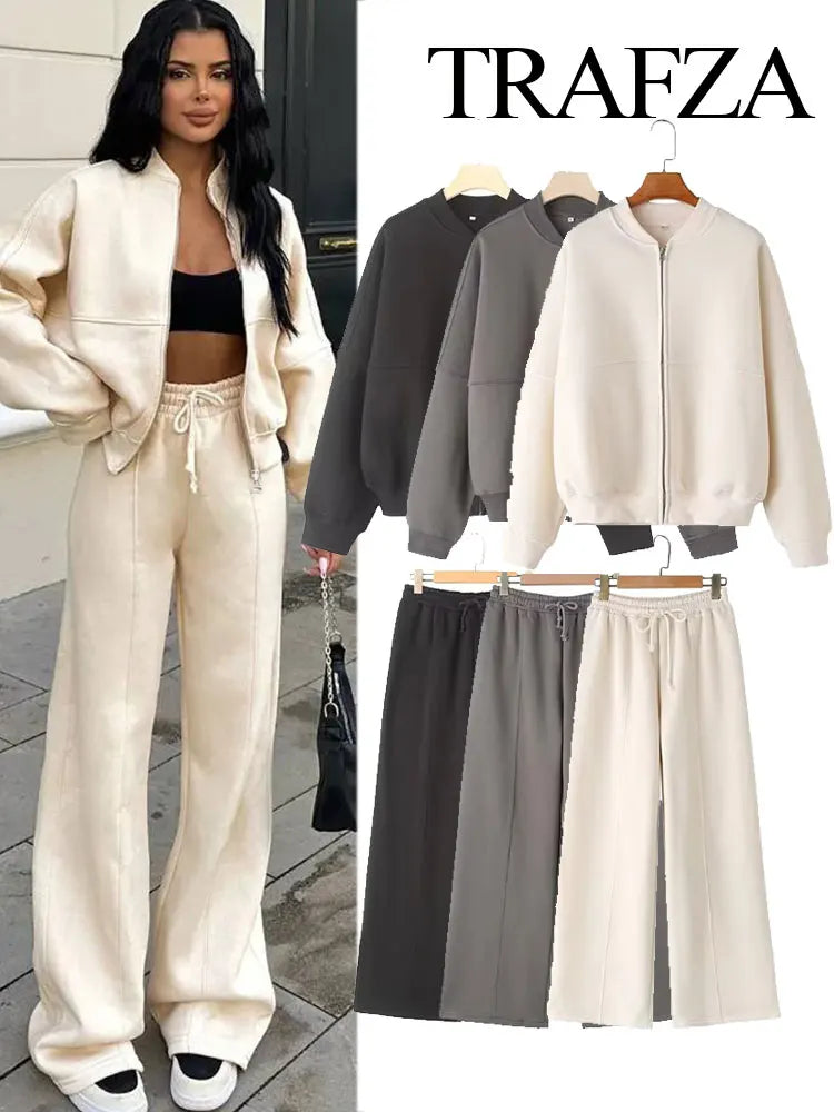 TRAFZA Women's 2-piece Retro Solid Color Zipper Bomber Jacket Sweatshirt + High-waisted Lace-up Women's Loose Velvet Pants Suit