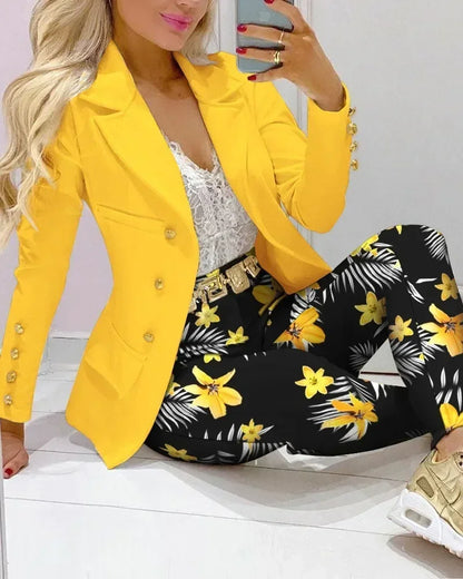 2025 Women Formal Jacket & Trousers Office Lady Outfits Autumn Women Two Pieces Set Print Blazer Coat & Pants Suit Sets Female