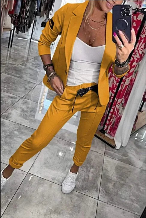 Autumn And Winter Women Casual Solid Color Slim Fit Blazer Two-piece Fashion Button Cardigan Jacket + Pencil Pants 2-piece Suit