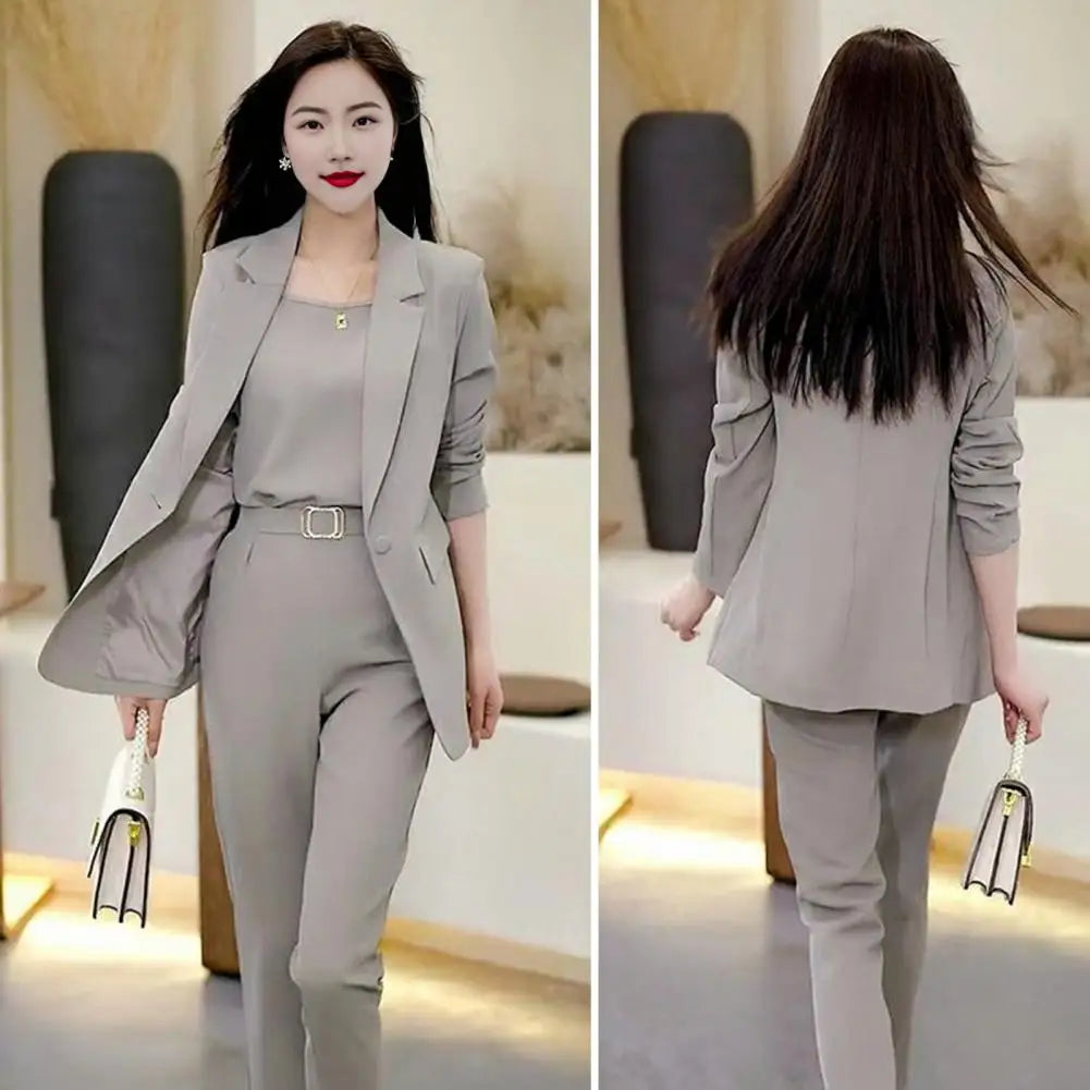 3 Pcs Women Spring Fall Blazers Pants Set 2024 New Office Lady Solid Professional Suit Workwear Outfits Female Soft OL Commuting