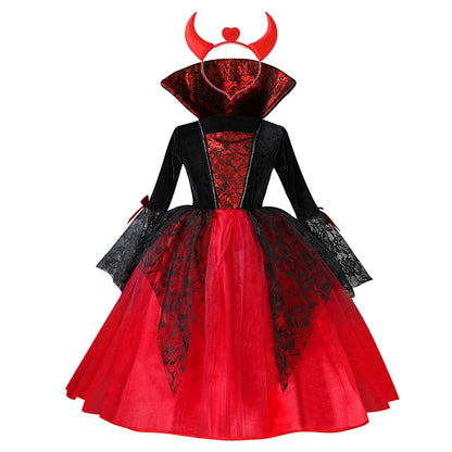 2024 Girls Cosplay Vampire Halloween Dress For Kids Ghost Bride Gothic Costume Count Vampiran Carnival Outfit Black Red Clothes