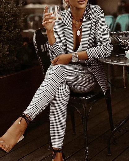 Plaid Print Lapel Collar Blazer & Pants Set Women 2pcs Clothes Suit Pants Suits Spring Autumn Fashion Casual