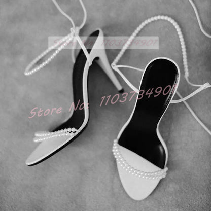 Pearl Open Toe Sandals Female Classy Slender Strap Stiletto High Heels Shoes Women Big Size Stylish Sexy Party Casual Sandals